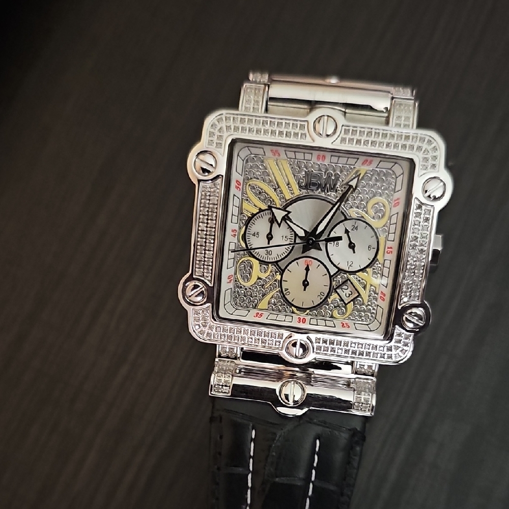 Luxury Silver Watch with Black Leather Strap